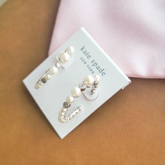 Kate Spade Pearl Caviar Silver Hoop Earrings Trendy Jewelry - Picture 2 of 3